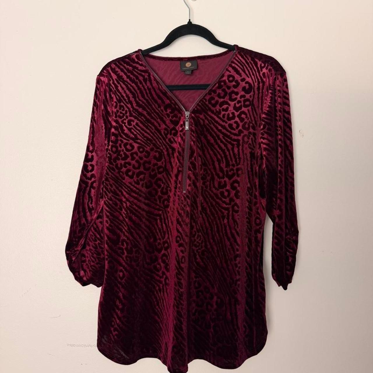 Classy Jm Collection Burgundy Velvet Animal Print Zip-Up Tunic Top, Size Xl